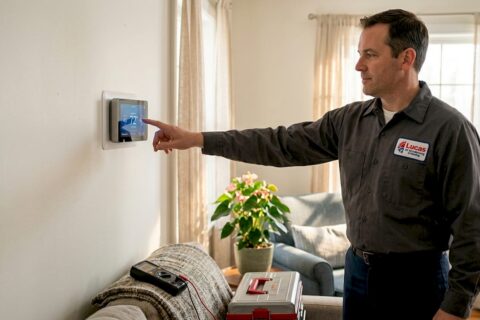 Technician adjusting smart thermostat indoors