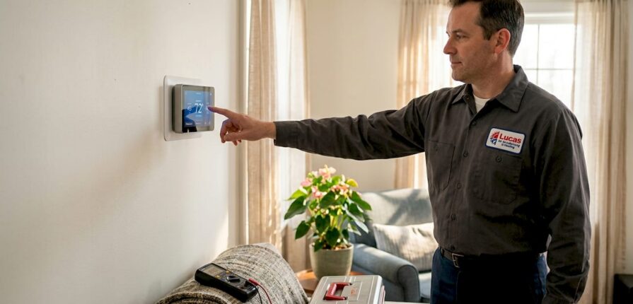 Technician adjusting smart thermostat indoors