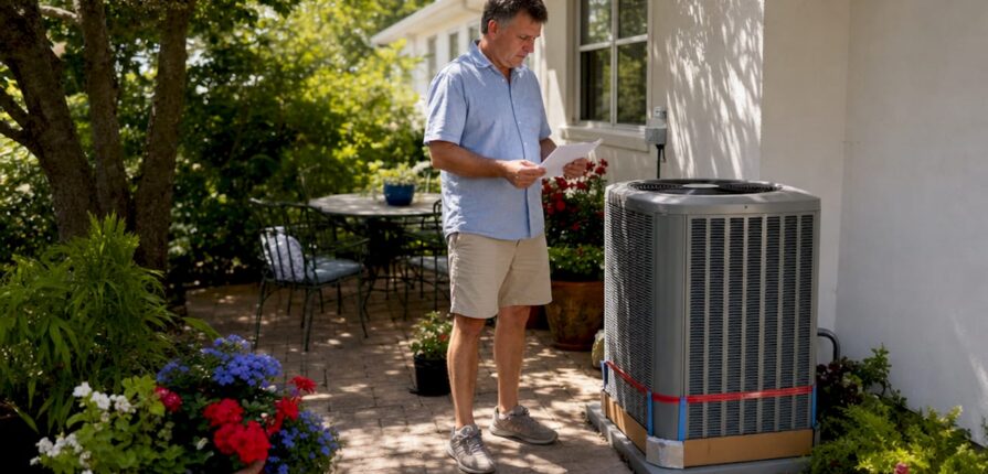 Homeowner reviewing new AC installation outdoors