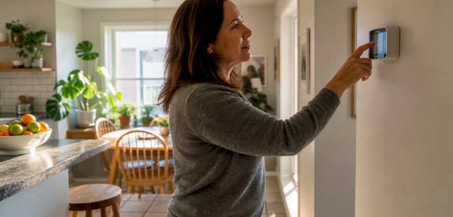 Person adjusting thermostat in apartment living room