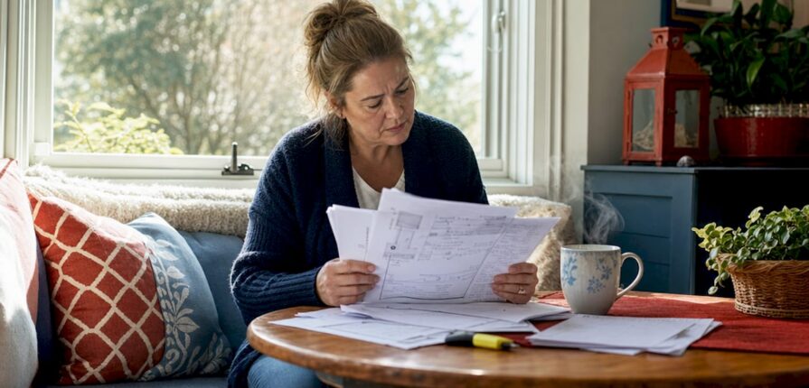 Homeowner reading HVAC manual at kitchen table