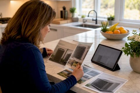 Homeowner studying HVAC brochures at table