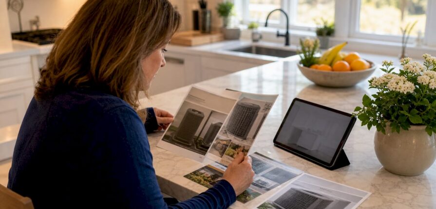 Homeowner studying HVAC brochures at table