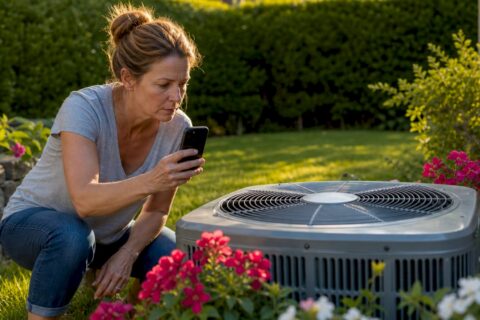 Homeowner inspecting noisy AC outdoor unit