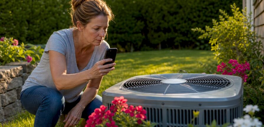 Homeowner inspecting noisy AC outdoor unit