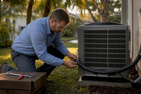 HVAC technician inspecting AC line insulation outdoors