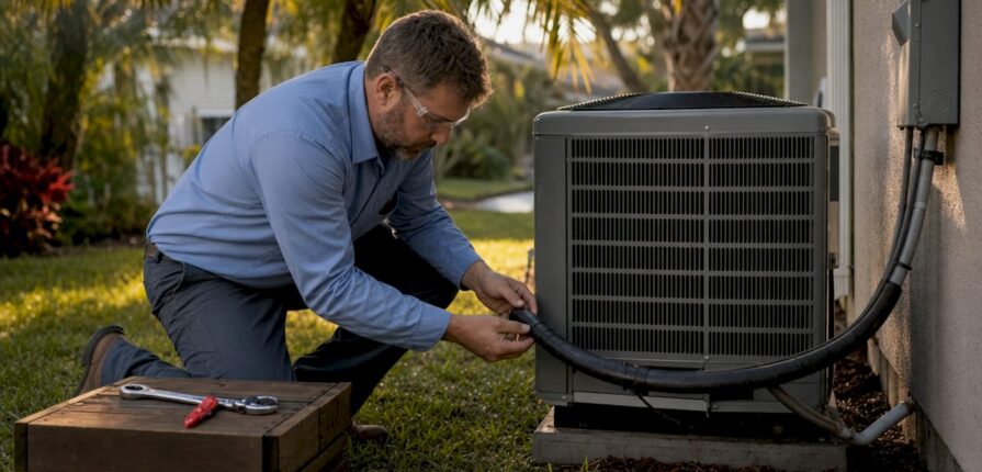 HVAC technician inspecting AC line insulation outdoors