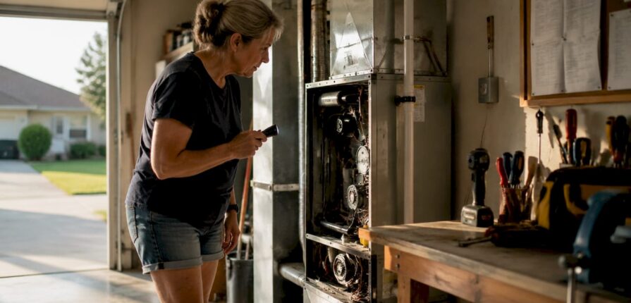 Homeowner inspecting HVAC furnace in utility closet