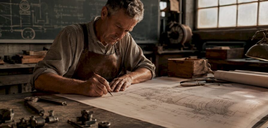 Engineer drawing early air conditioner blueprints