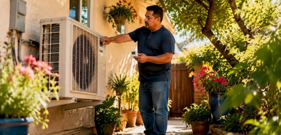Man checking home AC and humidity levels