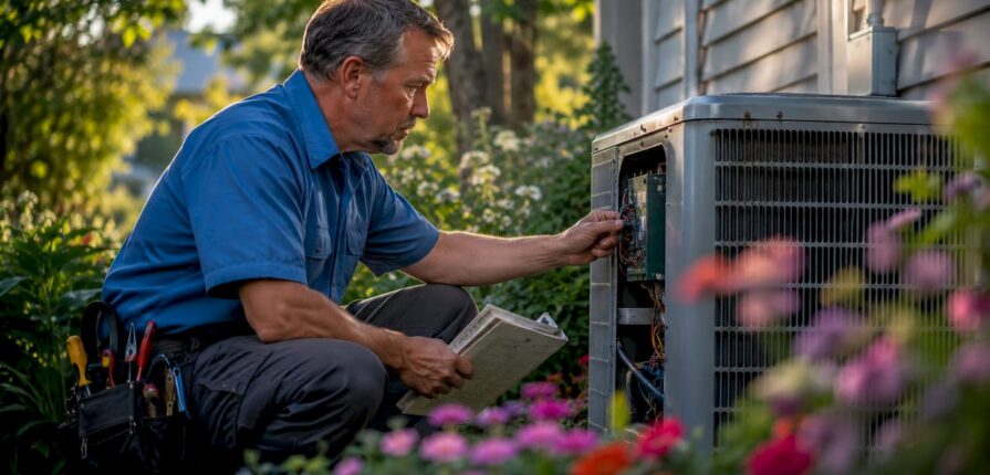 HVAC technician inspecting SEER 14 air conditioner