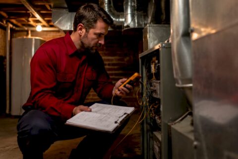 Engineer inspecting air conditioning unit indoors
