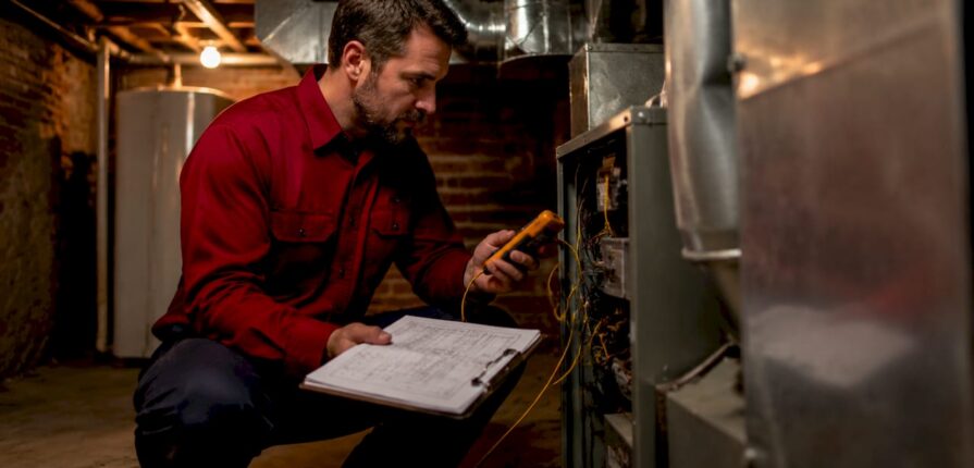 Engineer inspecting air conditioning unit indoors