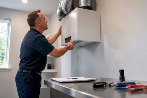 Home inspector checking ventilation system