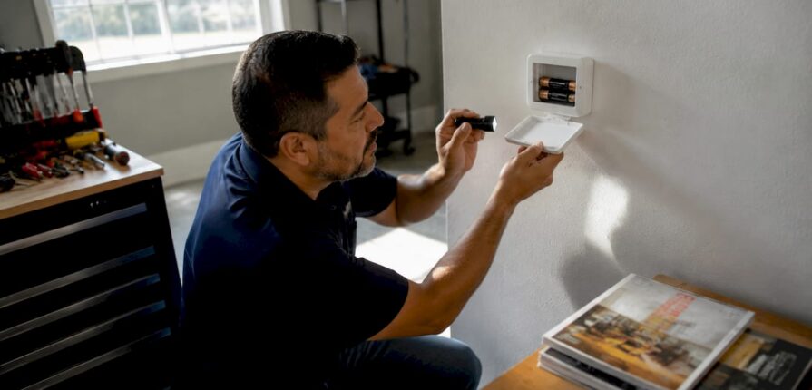 Man inspecting home thermostat batteries