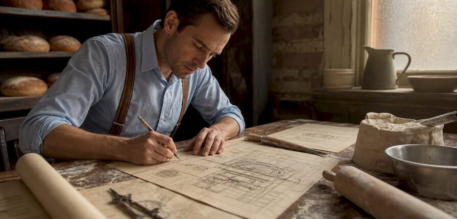 Engineer drafting early AC system blueprints