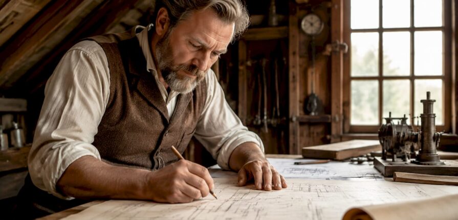 Engineer studying early air conditioning blueprint