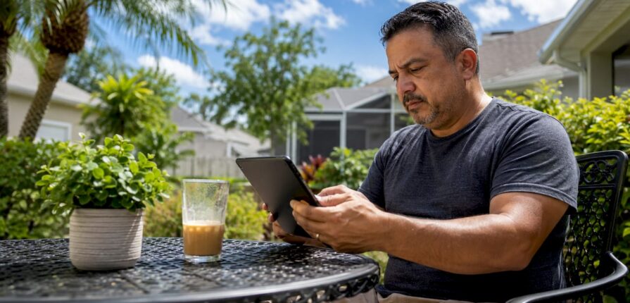 Man researching HVAC options at kitchen table