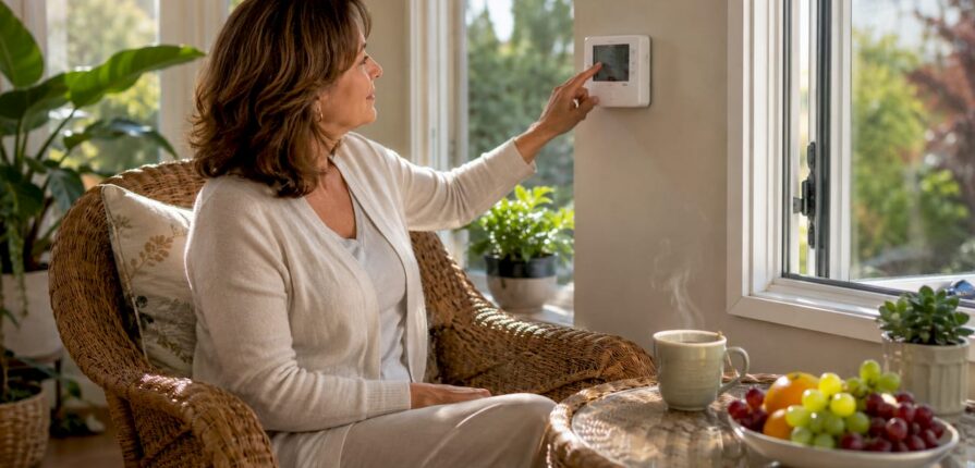 Woman adjusting thermostat fan setting