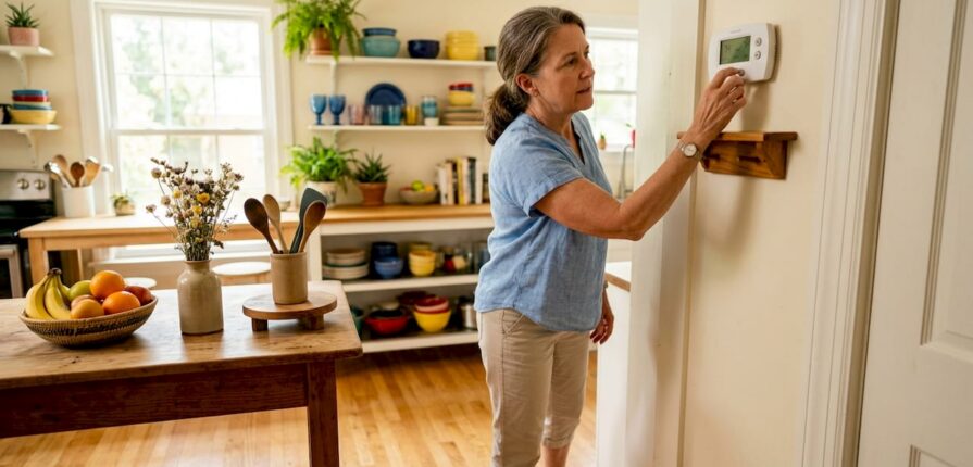 Woman adjusting thermostat in living room