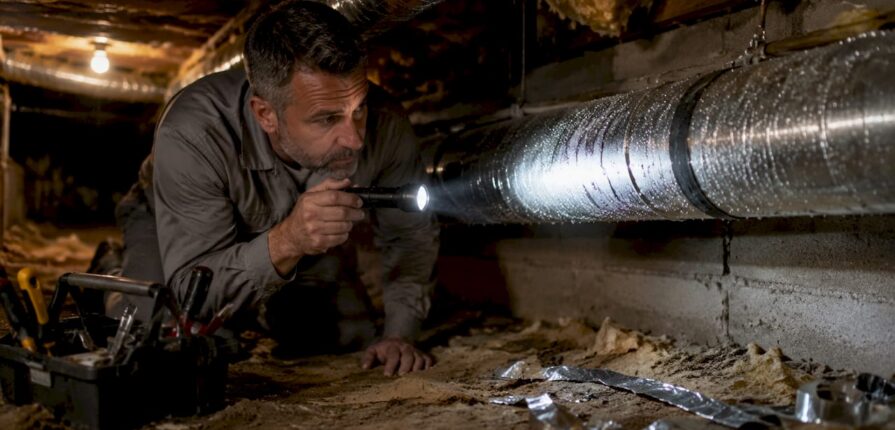 HVAC technician inspecting sweating air ducts
