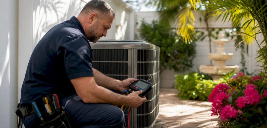 Technician repairing outdoor AC unit