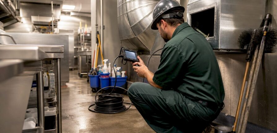 HVAC technician inspecting commercial ductwork
