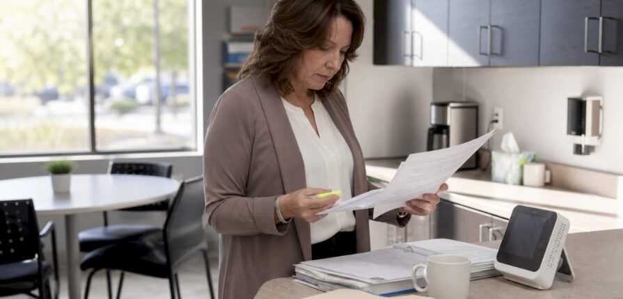 Healthcare admin reviewing clinic air quality audit paperwork