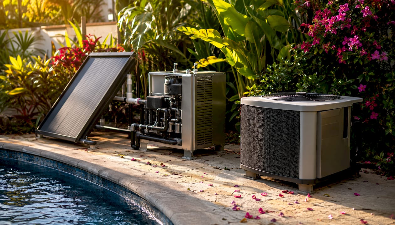 Three types of pool heaters outdoors side-by-side