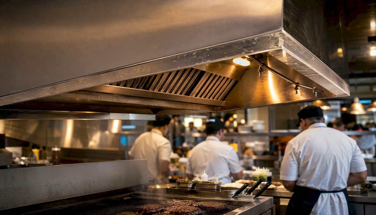 Close-up of Type I kitchen hood above fryer