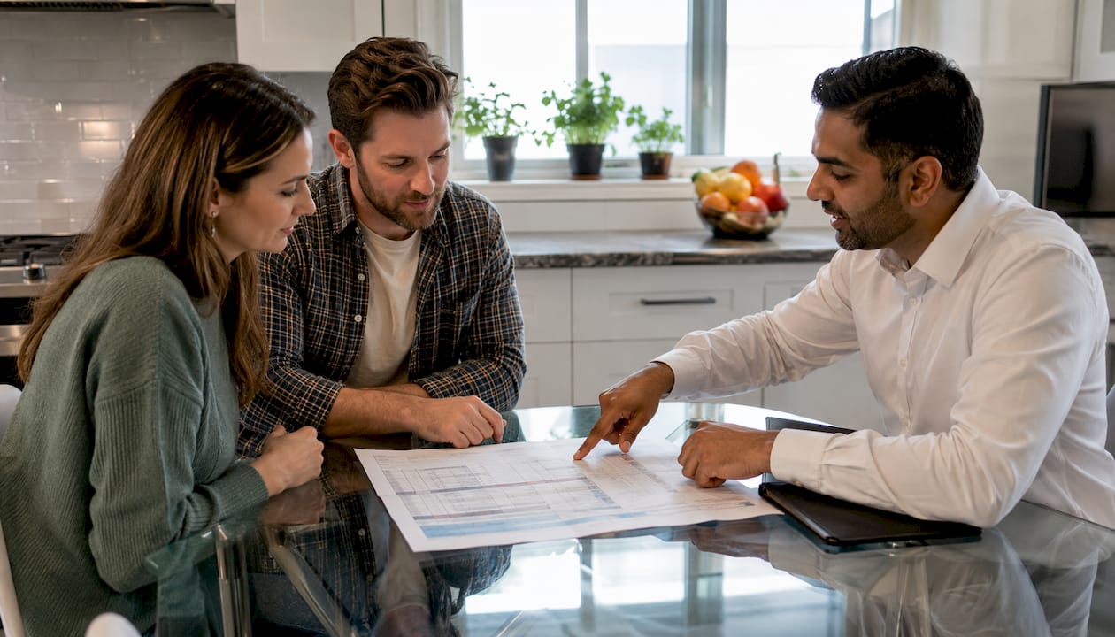 Couple consulting HVAC sizing expert at home
