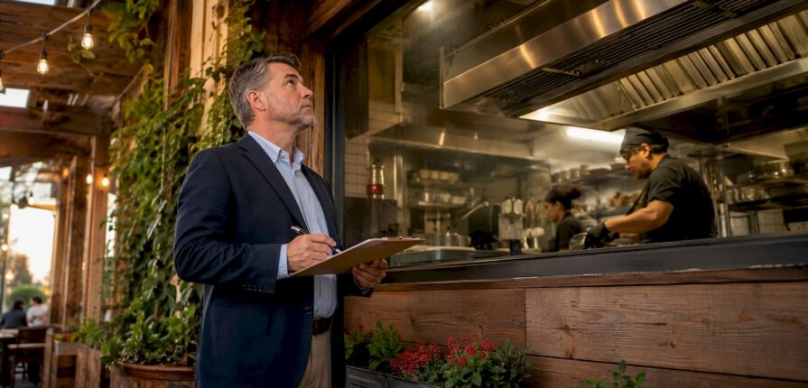 Property manager inspecting commercial kitchen hood
