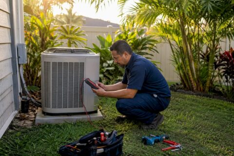HVAC technician inspecting residential AC unit outdoors