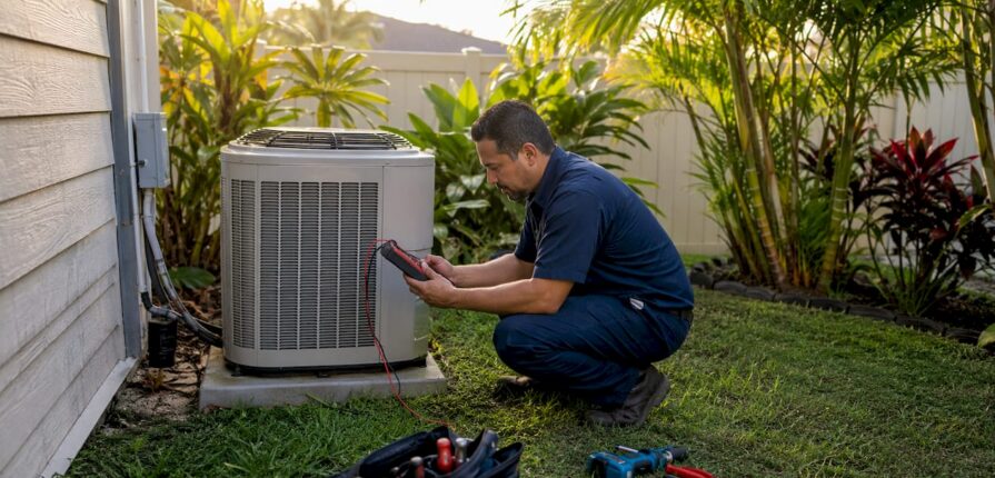 HVAC technician inspecting residential AC unit outdoors