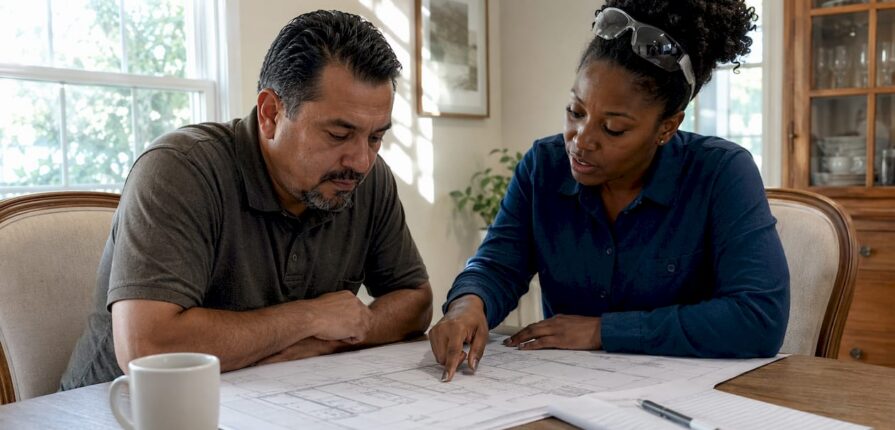 Homeowner and contractor reviewing HVAC plans