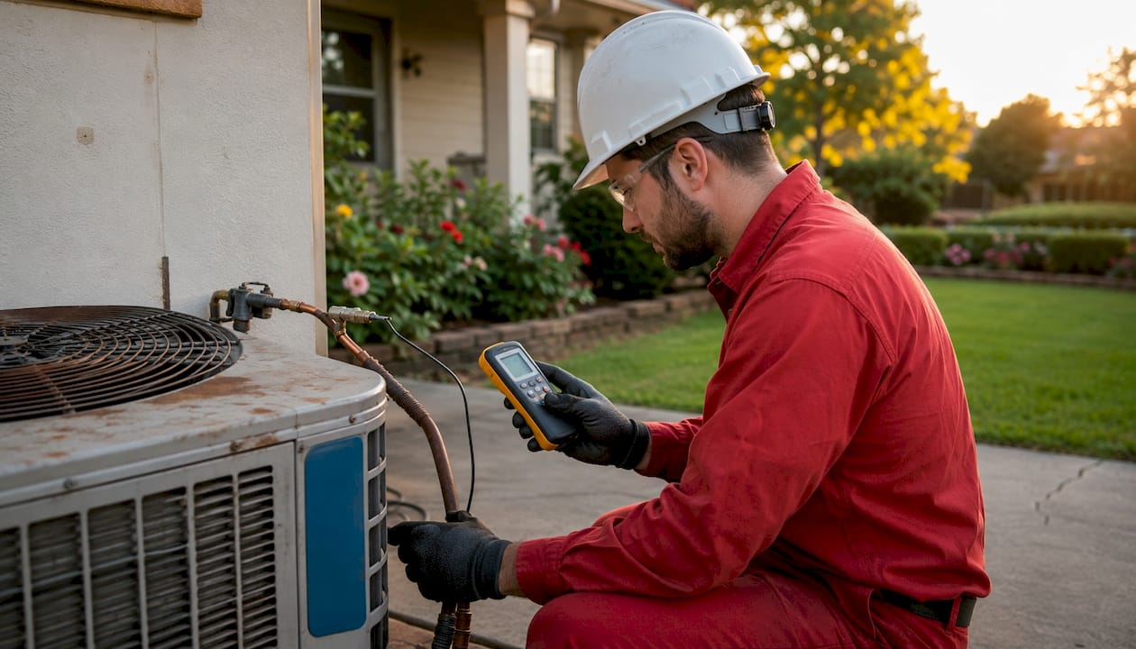 HVAC technician repairing outdoor AC unit