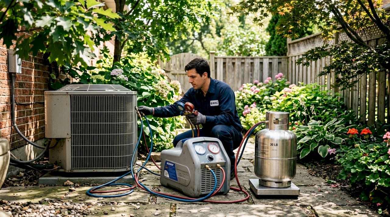 Refrigerant recovery machine with gauges and hoses