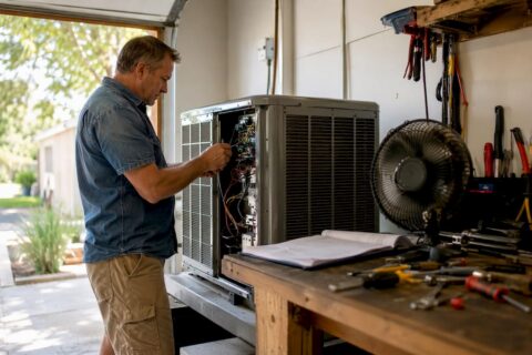Homeowner inspecting air conditioning unit indoors