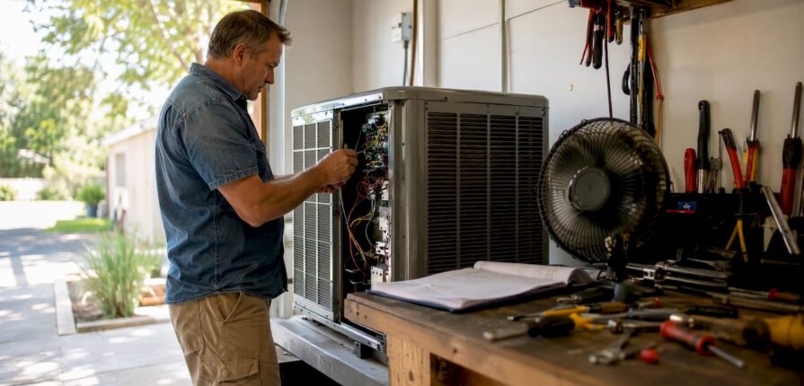 Homeowner inspecting air conditioning unit indoors