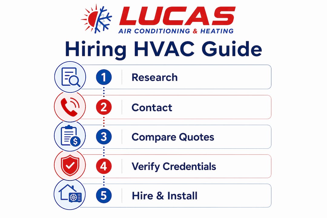 Infographic showing five steps of hiring HVAC contractor