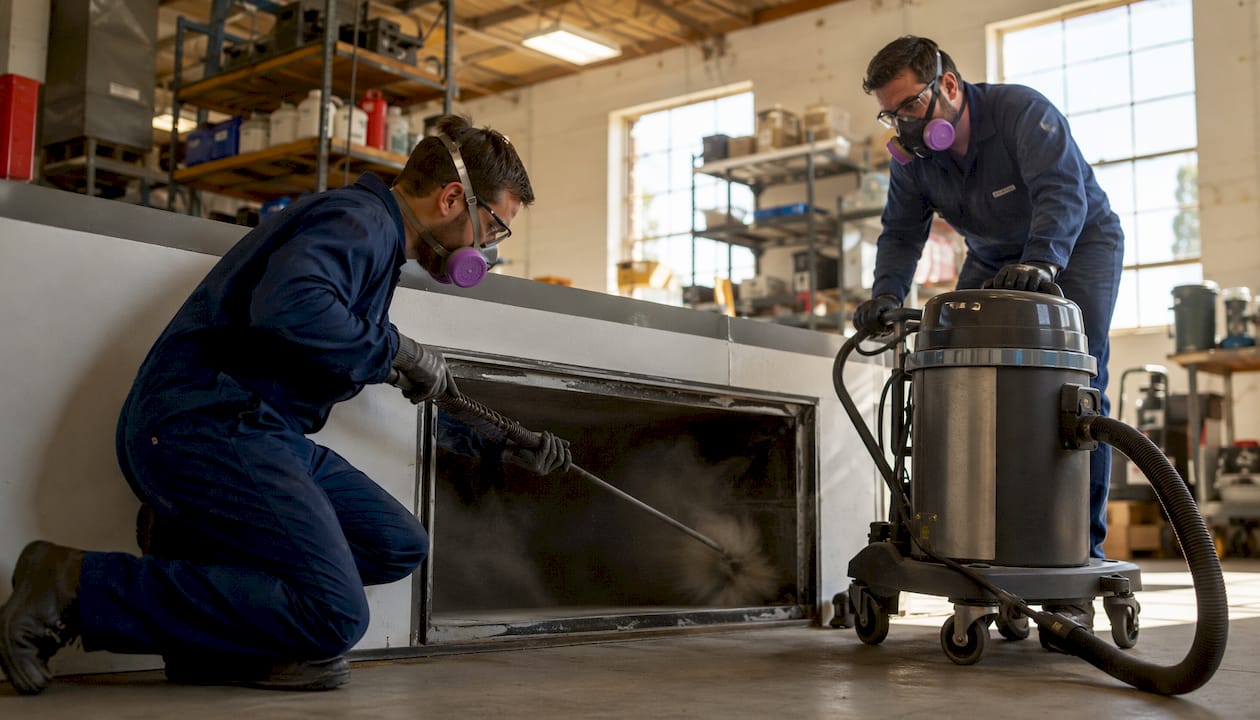 Technicians performing duct cleaning in commercial hallway