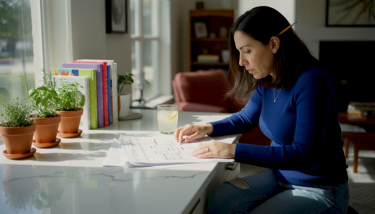 Homeowner reviewing HVAC documents at dining table