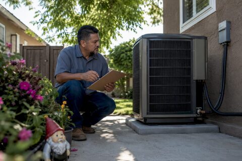 Homeowner inspecting outdoor HVAC unit