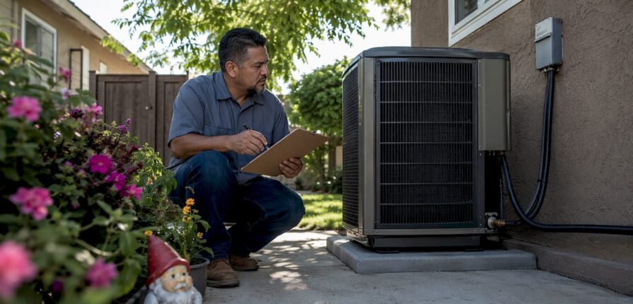 Homeowner inspecting outdoor HVAC unit