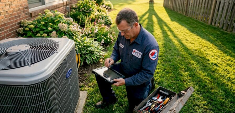 Technician inspecting residential HVAC outdoor unit
