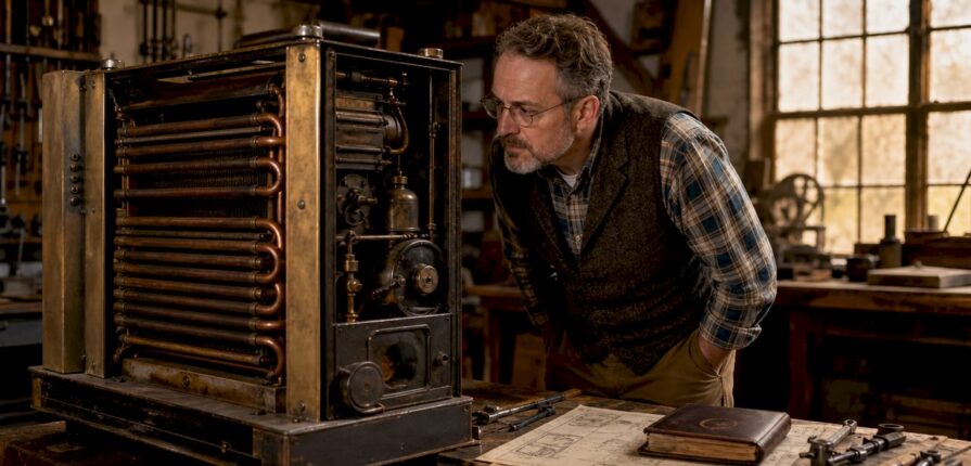 Historian inspecting first AC system in workshop