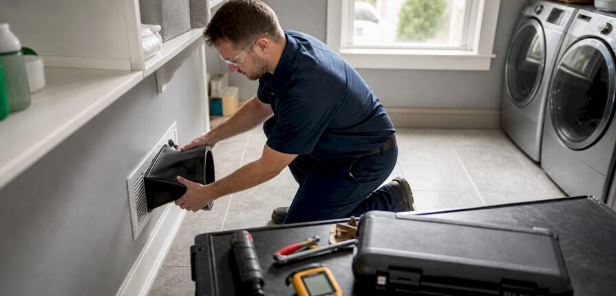 Technician measuring air volume at home HVAC vent
