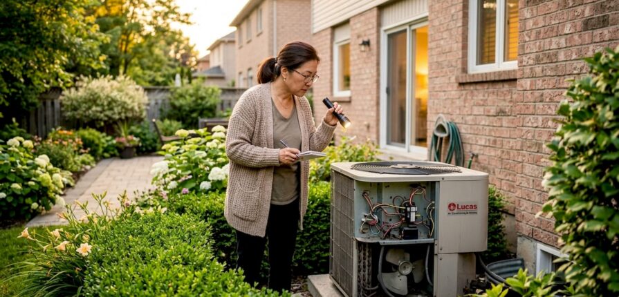 Homeowner inspecting outdoor AC unit
