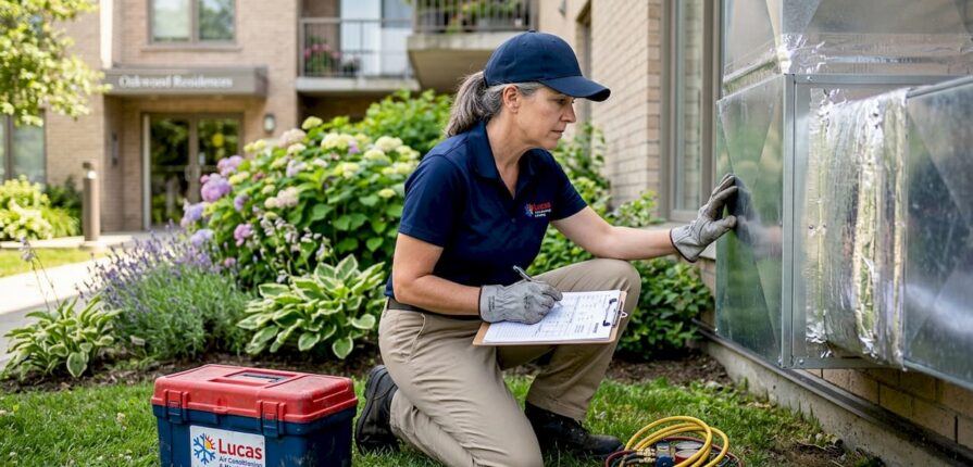 Property manager inspecting duct system with clipboard