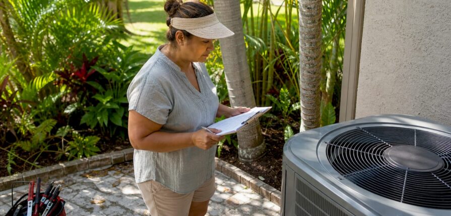 Hispanic woman inspecting outdoor AC unit in Florida